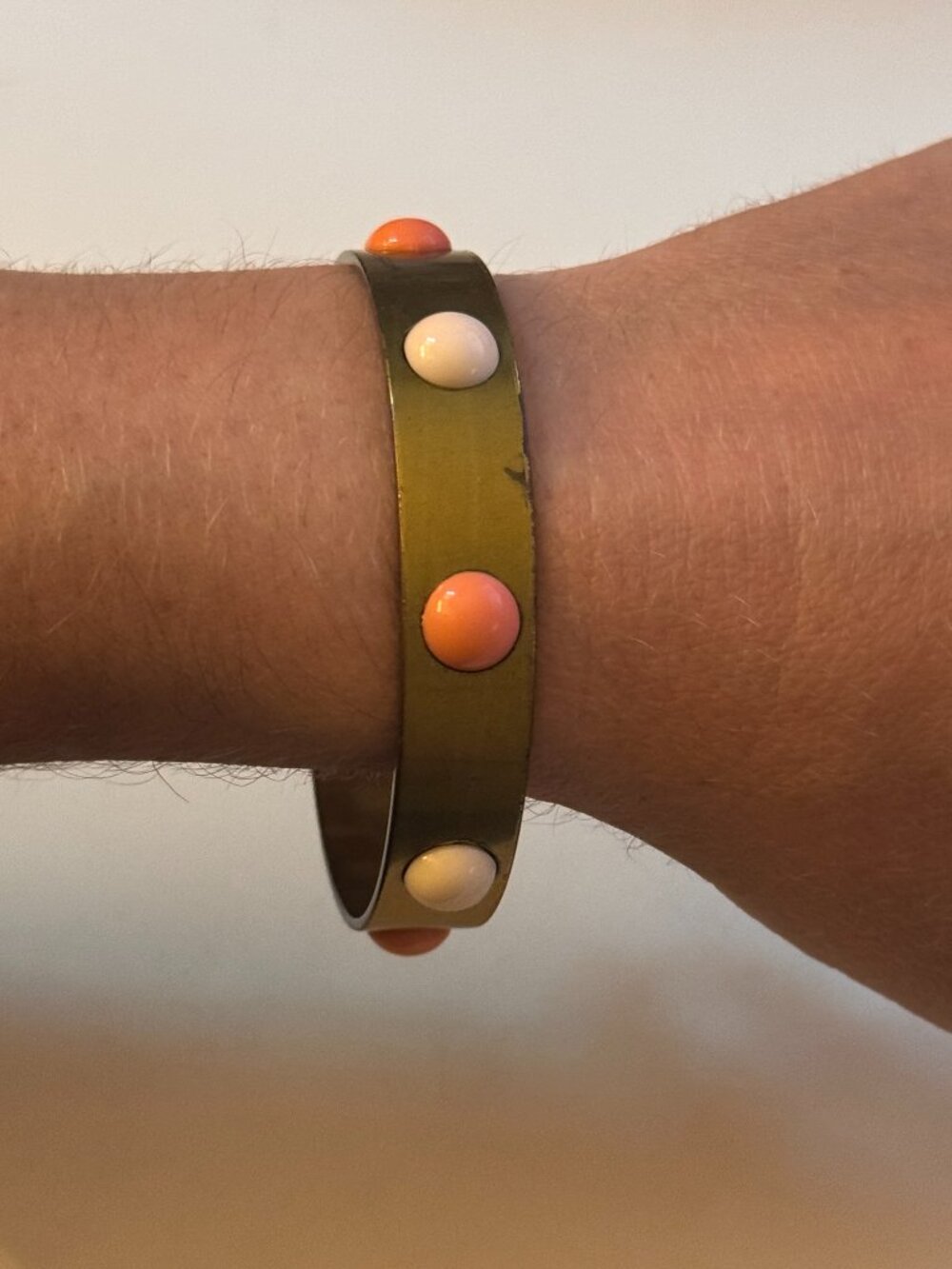 Gerard Yosca 7" Brass Bangle Bracelet w/ Coral & White Cabochons